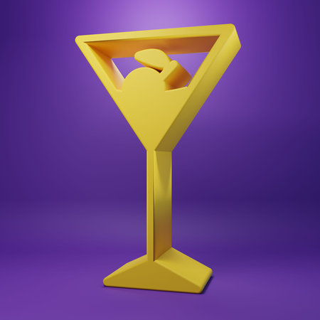 Yellow Martini glass icon isolated on purple background. Cocktail icon. Wine glass icon. Minimalism concept. 3D render illustration.の写真素材