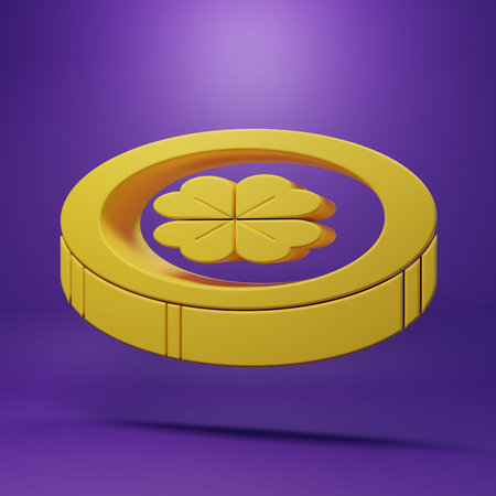 Yellow Gold coin with four leaf clover icon isolated on purple background. Happy Saint Patricks day. Minimalism concept. 3D render illustration.の写真素材