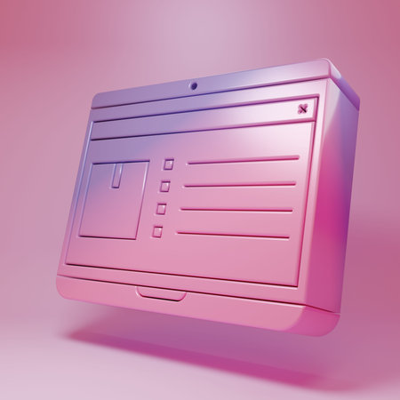 Purple-pink Laptop with app delivery tracking icon isolated on pink background. Parcel tracking. Minimalism concept. 3D render illustration.の写真素材