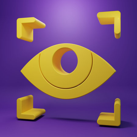 Yellow Eye scan icon isolated on purple background. Scanning eye. Security check symbol. Cyber eye sign. Minimalism concept. 3D render illustration.の写真素材