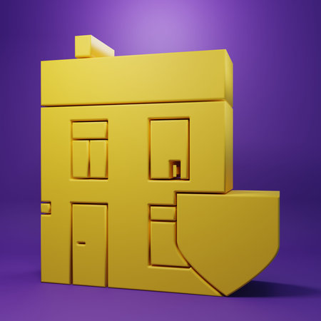 Yellow House with shield icon isolated on purple background. Insurance concept. Security, safety, protection, protect concept. Minimalism concept. 3D render illustration.の写真素材