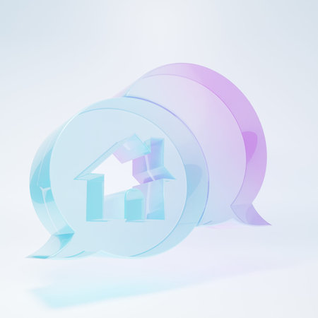 Frosted glass House building in speech bubble icon isolated on white background. Real estate concept. Minimalism concept. 3D render illustration.の写真素材