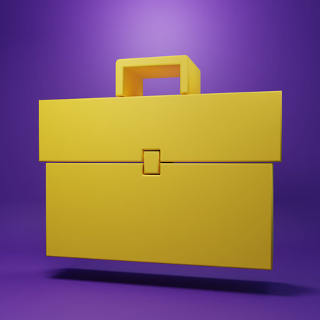 Yellow Briefcase icon isolated on purple background. Business case sign. Business portfolio. Minimalism concept. 3D render illustration.の写真素材