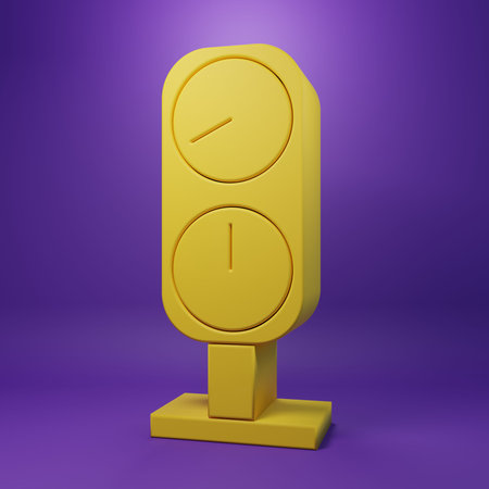 Yellow Gauge scale icon isolated on purple background. Satisfaction, temperature, manometer, risk,...