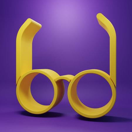 Yellow Glasses icon isolated on purple background. Eyeglass frame symbol. Minimalism concept. 3D render illustration.の写真素材