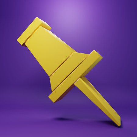 Yellow Push pin icon isolated on purple background. Thumbtacks sign. Minimalism concept. 3D render...