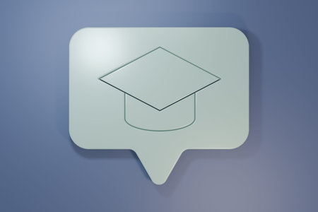 Gray Graduation cap in speech bubble icon isolated on purple-blue background. Graduation hat with tassel icon. Minimalism concept. 3D render illustration.の写真素材