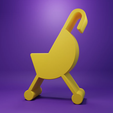 Yellow Baby stroller icon isolated on purple background. Baby carriage, buggy, pram, stroller, wheel. Minimalism concept. 3D render illustration.の写真素材