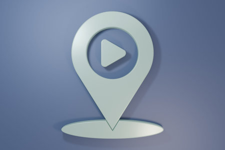 Gray Digital media play with pin location icon isolated on purple-blue background. Minimalism concept. 3D render illustration.の写真素材