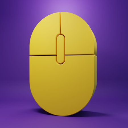 Yellow Computer mouse icon isolated on purple background. Optical with wheel symbol. Minimalism concept. 3D render illustration.の写真素材