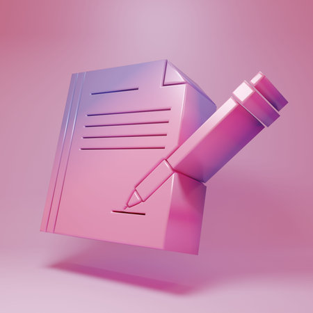 Purple-pink Blank notebook and pen icon isolated on pink background. Paper and pen. Minimalism concept. 3D render illustration.の写真素材