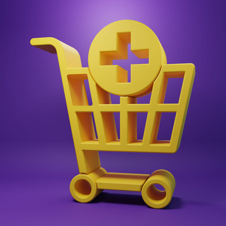 Yellow Add to Shopping cart icon isolated on purple background. Online buying concept. Delivery service sign. Supermarket basket symbol. Minimalism concept. 3D render illustration.