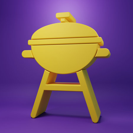 Yellow Barbecue grill icon isolated on purple background. BBQ grill party. Minimalism concept. 3D render illustration.の写真素材