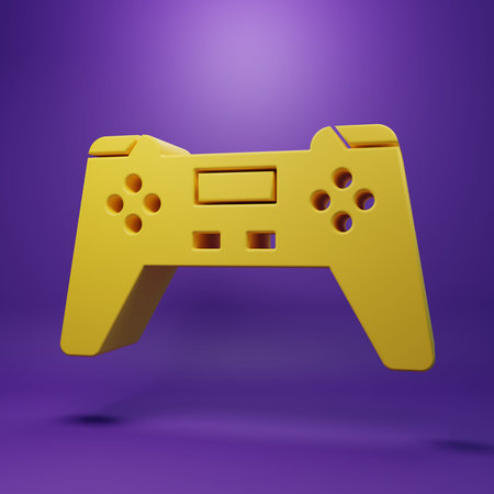 Yellow Gamepad icon isolated on purple background. Game controller. Minimalism concept. 3D render...