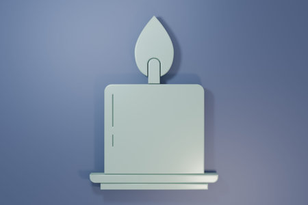 Gray Burning candle in candlestick icon isolated on purple-blue background. Cylindrical candle stick with burning flame. Minimalism concept. 3D render illustration.の写真素材
