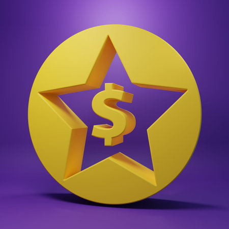 Yellow Star and dollar icon isolated on purple background. Favorite, best rating, award symbol. Minimalism concept. 3D render illustration.の写真素材