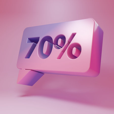Purple-pink Seventy discount percent tag icon isolated on pink background. Shopping tag sign....