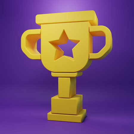 Yellow Award cup icon isolated on purple background. Winner trophy symbol. Championship or competition trophy. Sports achievement sign. Minimalism concept. 3D render illustration.の写真素材
