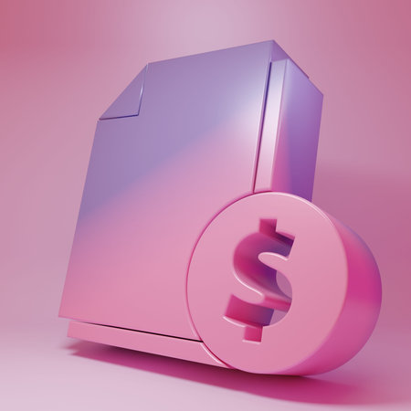 Purple-pink Finance document icon isolated on pink background. Paper bank document with dollar coin for invoice or bill concept. Minimalism concept. 3D render illustration.の写真素材