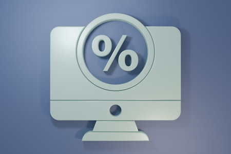 Gray Percent symbol discount and monitor icon isolated on purple-blue background. Sale percentage -...