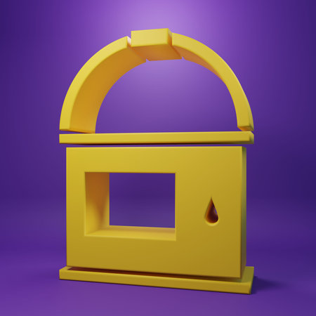 Yellow Paint bucket icon isolated on purple background. Minimalism concept. 3D render illustration.の写真素材