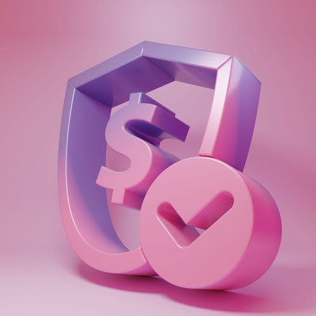 Purple-pink Shield with dollar symbol icon isolated on pink background. Security shield protection. Money security concept. Minimalism concept. 3D render illustration.の写真素材