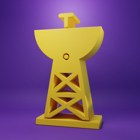 Yellow Satellite dish icon isolated on purple background. Radio antenna, astronomy and space research. Minimalism concept. 3D render illustration.の写真素材