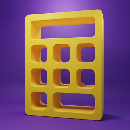 Yellow Calculator icon isolated on purple background. Accounting symbol. Business calculations...
