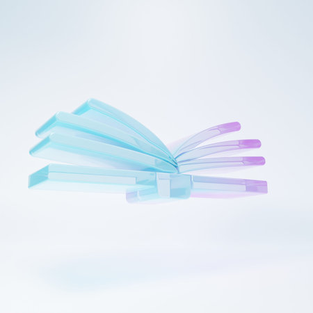 Frosted glass Open book icon isolated on white background. Minimalism concept. 3D render...