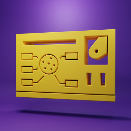 Yellow Futuristic hud interface icon isolated on purple background. Hologram ui infographic, interactive globe and cyber sky fi screen. Minimalism concept. 3D render illustration.の写真素材