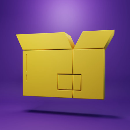 Yellow Carton cardboard box icon isolated on purple background. Box, package, parcel sign. Delivery and packaging. Minimalism concept. 3D render illustration.の写真素材