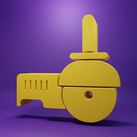 Yellow Angle grinder icon isolated on purple background. Minimalism concept. 3D render illustration.の写真素材