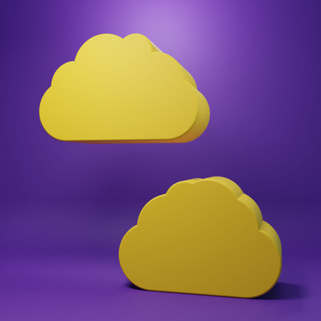 Yellow Cloud icon isolated on purple background. Minimalism concept. 3D render illustration.の写真素材