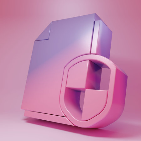 Purple-pink Document protection concept icon isolated on pink background. Confidential information and privacy idea, secure, guard, shield. Minimalism concept. 3D render illustration.の写真素材