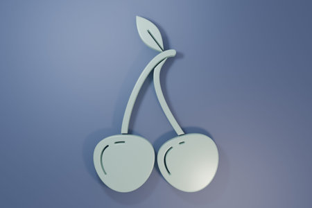 Gray Cherry icon isolated on purple-blue background. Fruit with leaf symbol. Minimalism concept. 3D render illustration.の写真素材