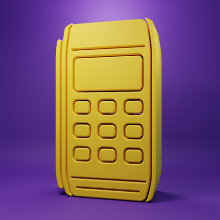 Yellow Pos terminal icon isolated on purple background. Payment terminal transaction. Pay by card....