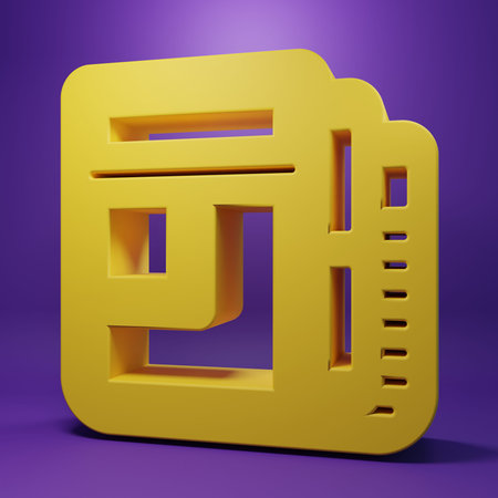 Yellow Stock market news icon isolated on purple background. Newspaper sign. Mass media symbol. Minimalism concept. 3D render illustration.の写真素材