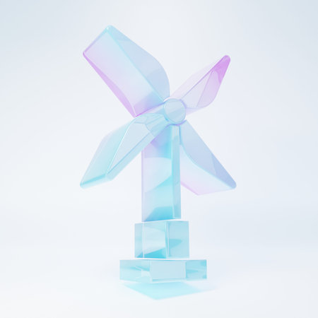 Frosted glass Wind turbine icon isolated on white background. Wind generator sign. Windmill for electric power production. Minimalism concept. 3D render illustration.の写真素材