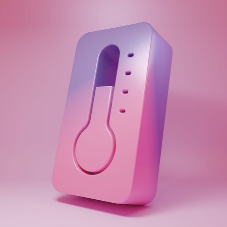 Purple-pink Medical thermometer for medical examination icon isolated on pink background. Minimalism...