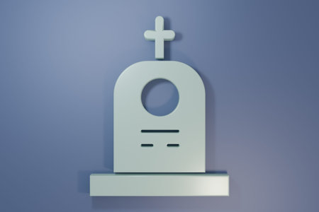 Gray Grave with tombstone icon isolated on purple-blue background. Minimalism concept. 3D render illustration.の写真素材