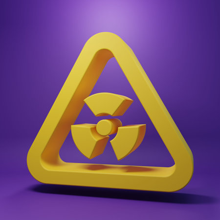 Yellow Triangle sign with radiation symbol icon isolated on purple background. Minimalism concept....