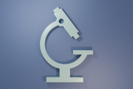 Gray Microscope icon isolated on purple-blue background. Chemistry, pharmaceutical instrument, microbiology magnifying tool. Minimalism concept. 3D render illustration.の写真素材