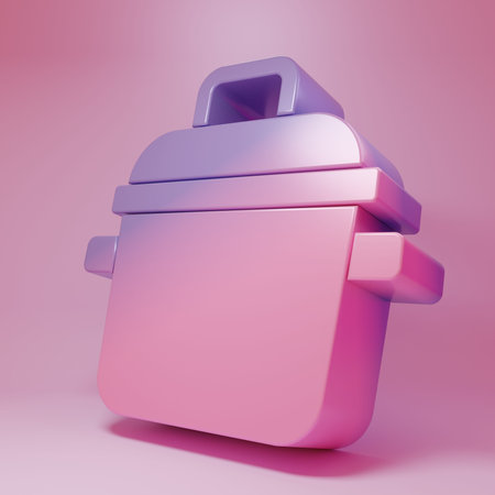 Purple-pink Cooking pot icon isolated on pink background. Boil or stew food symbol. Minimalism concept. 3D render illustration.の写真素材