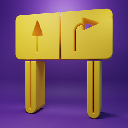 Yellow Road traffic sign. Signpost icon isolated on purple background. Pointer symbol. Isolated...