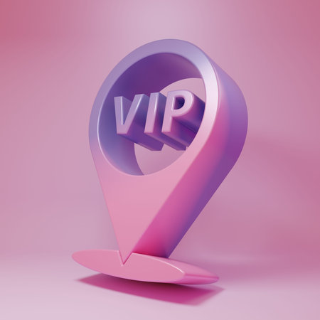 Purple-pink Location Vip icon isolated on pink background. Minimalism concept. 3D render illustration.の写真素材