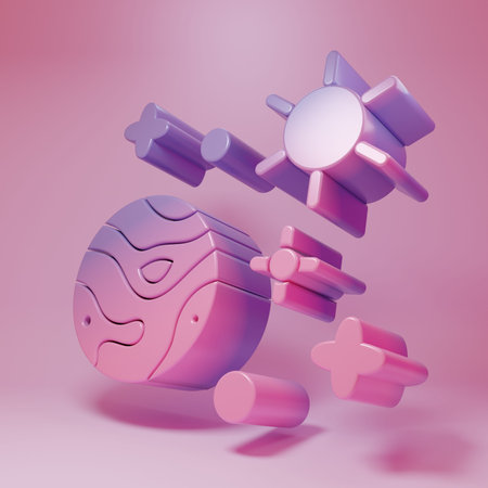 Purple-pink Space and planet icon isolated on pink background. Planets surface with craters, stars...