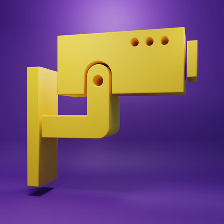 Yellow Security camera icon isolated on purple background. Minimalism concept. 3D render...
