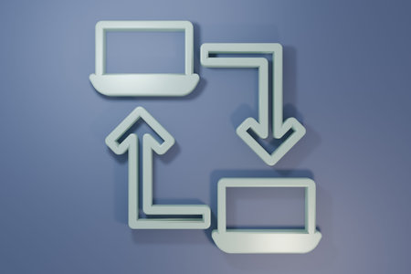 Gray Online working icon isolated on purple-blue background. Freelancer man working on laptop at his...