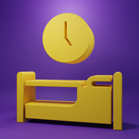 Yellow Time to sleep icon isolated on purple background. Minimalism concept. 3D render illustration.