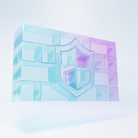 Frosted glass Shield with cyber security brick wall icon isolated on white background. Data...